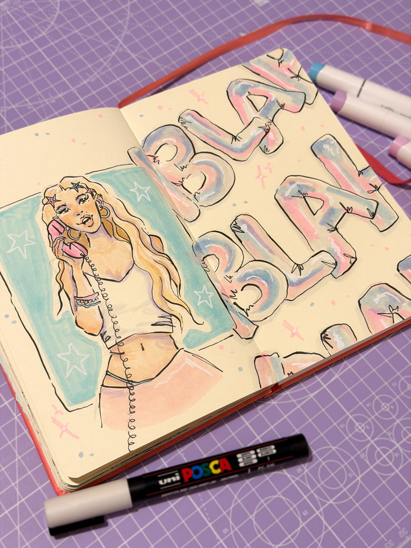 Open sketchbook with illustrations of girl on the phone and text on a purple grid background