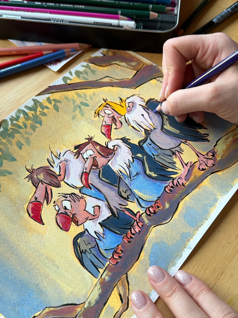 Person coloring a Disney characters with coloured pencils on a wooden table
